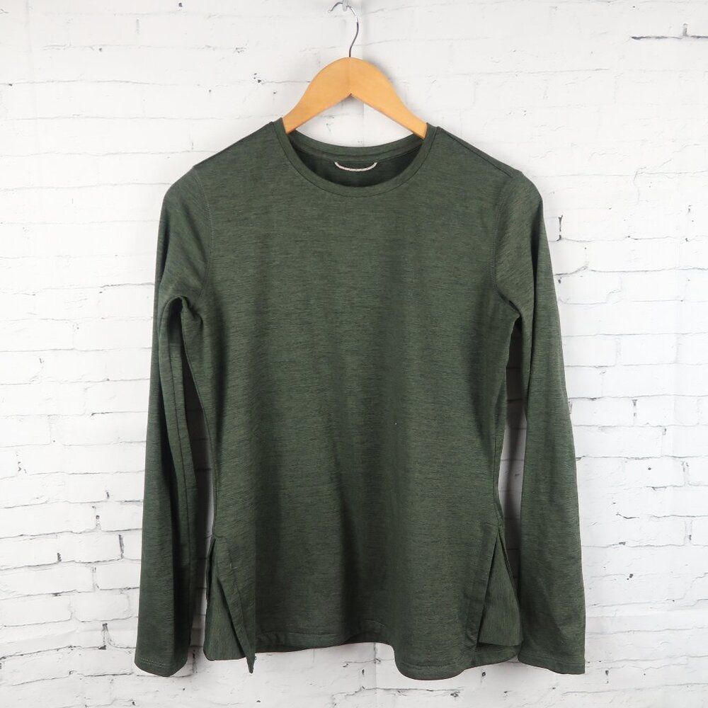 ROYAL ROBBINS GREEN LONG SLEEVE ROUND NECK ATHLETIC TOP WITH SIDE ZIP POCKET